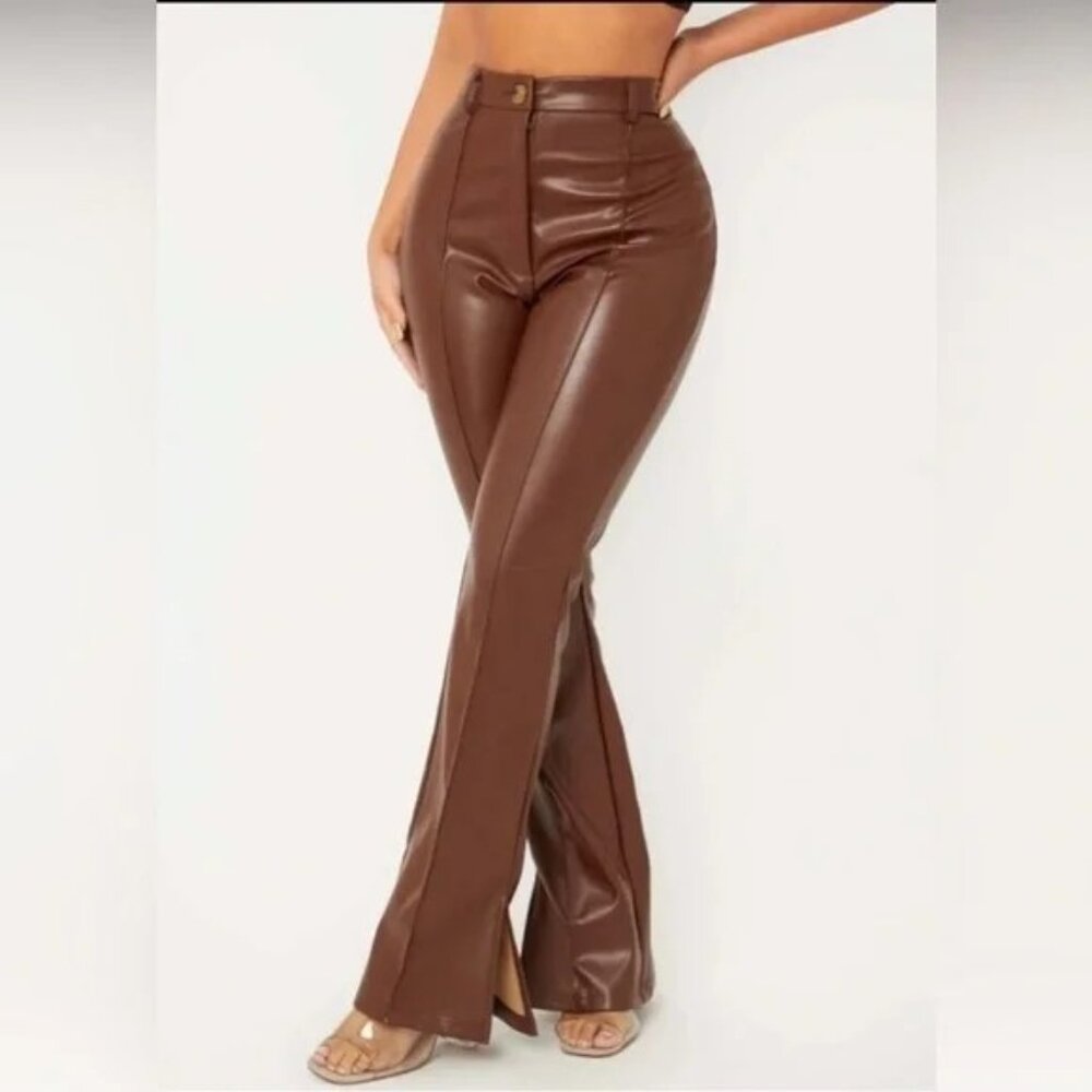 Shein Chic Brown Faux Leather Flare Pants